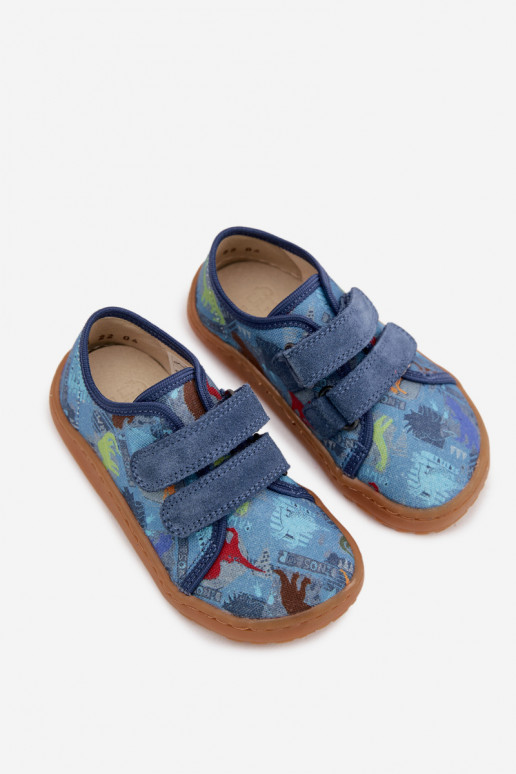 Laste sussid Barefoot dinozauridega Froddo Canvas G1700440-15 sinise värviga