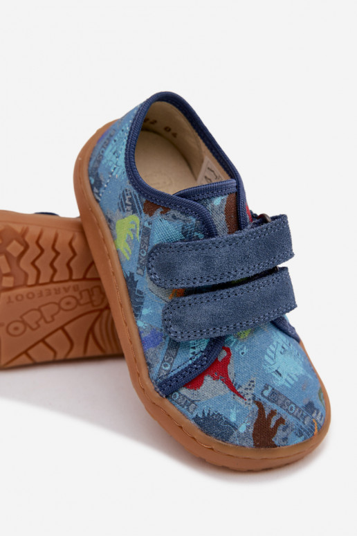 Laste sussid Barefoot dinozauridega Froddo Canvas G1700440-15 sinise värviga