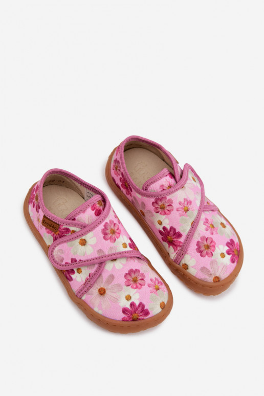 Laste sussid Velcro kinnitusega Barefoot lilledega Froddo G1700438-8 roosa värviga