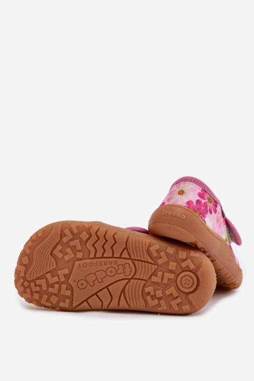 Laste sussid Velcro kinnitusega Barefoot lilledega Froddo G1700438-8 roosa värviga