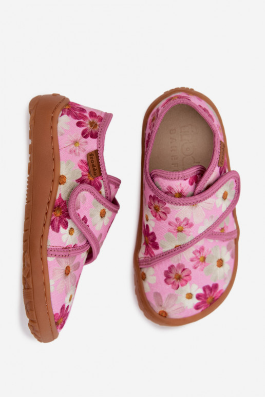 Laste sussid Velcro kinnitusega Barefoot lilledega Froddo G1700438-8 roosa värviga