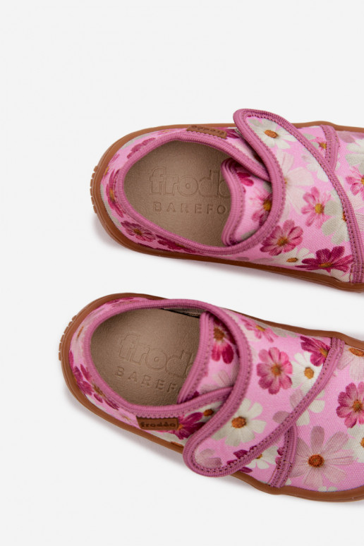 Laste sussid Velcro kinnitusega Barefoot lilledega Froddo G1700438-8 roosa värviga