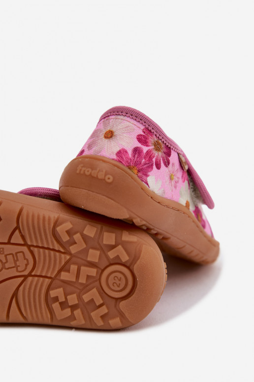 Laste sussid Velcro kinnitusega Barefoot lilledega Froddo G1700438-8 roosa värviga