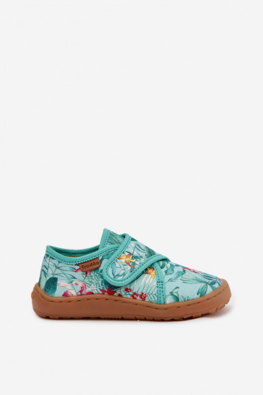 Laste sussid Velcro kinnitusega Barefoot lillemotiivide ja lehtedega Froddo G1700438-14 mündiroheline värv