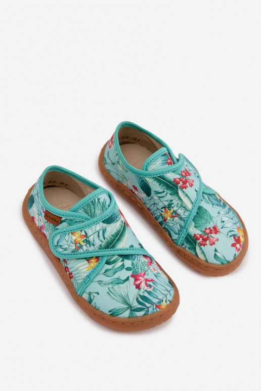 Laste sussid Velcro kinnitusega Barefoot lillemotiivide ja lehtedega Froddo G1700438-14 mündiroheline värv