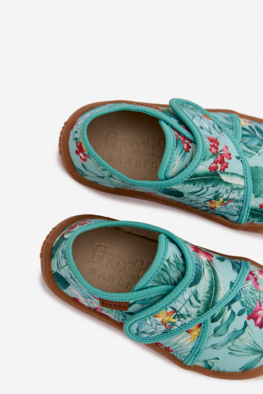 Laste sussid Velcro kinnitusega Barefoot lillemotiivide ja lehtedega Froddo G1700438-14 mündiroheline värv