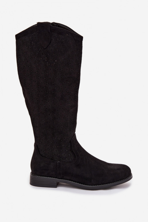 Naiste pikad saapad aukude elementidega ja laiade kontsadega S.Barski HY61-8022 must