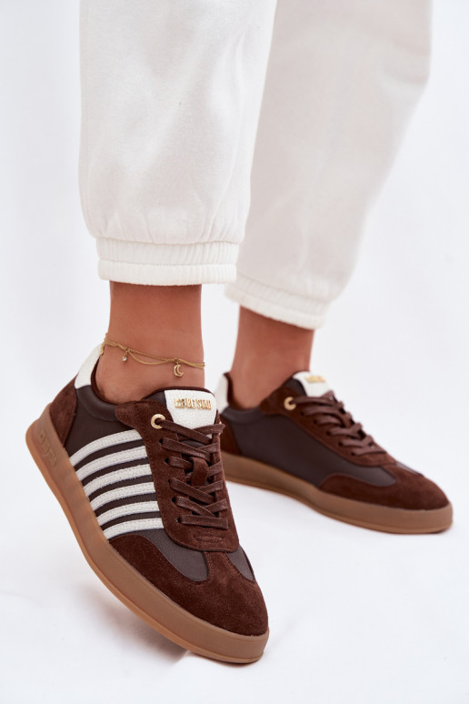 Naistelikkud sneakers-mudeli kingad naturaalsest nahast ja sametist Big Star TT274715 šokolaadi värv