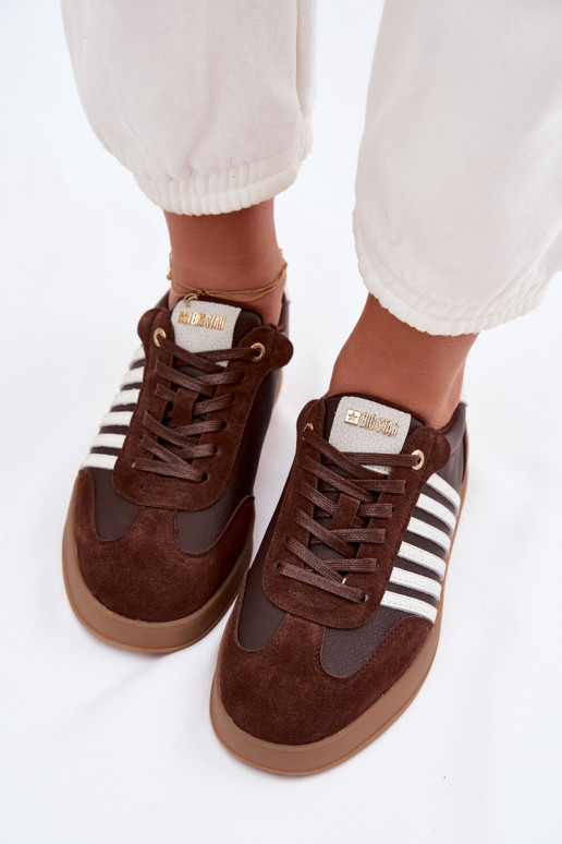 Naistelikkud sneakers-mudeli kingad naturaalsest nahast ja sametist Big Star TT274715 šokolaadi värv