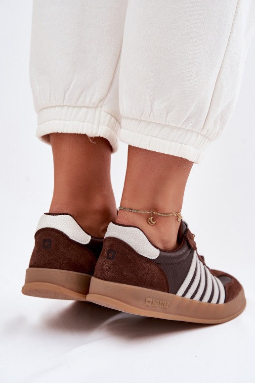 Naistelikkud sneakers-mudeli kingad naturaalsest nahast ja sametist Big Star TT274715 šokolaadi värv