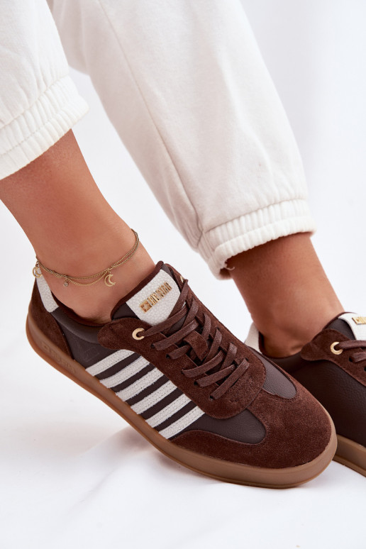 Naistelikkud sneakers-mudeli kingad naturaalsest nahast ja sametist Big Star TT274715 šokolaadi värv