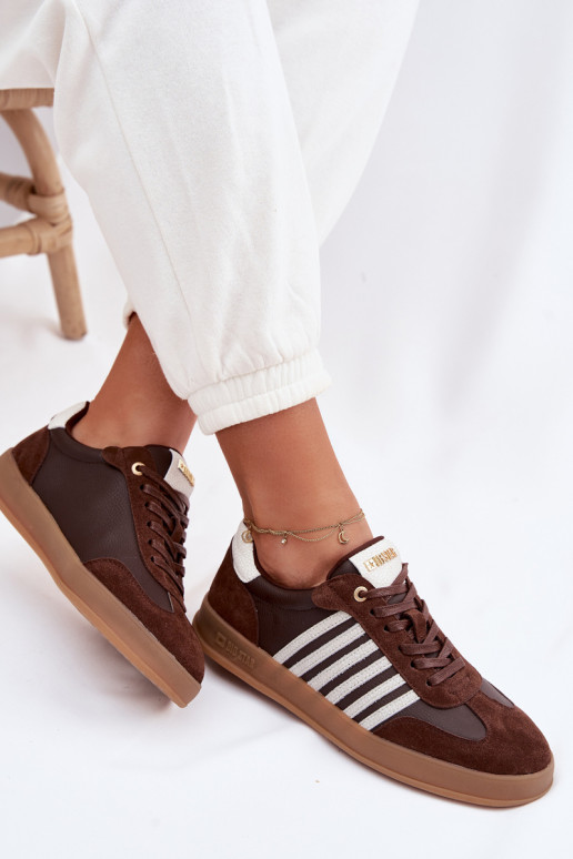 Naistelikkud sneakers-mudeli kingad naturaalsest nahast ja sametist Big Star TT274715 šokolaadi värv