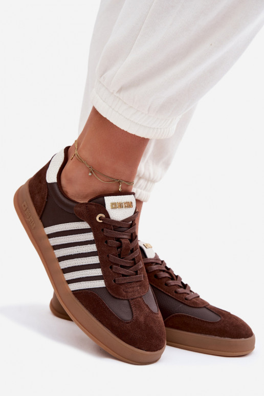 Naistelikkud sneakers-mudeli kingad naturaalsest nahast ja sametist Big Star TT274715 šokolaadi värv