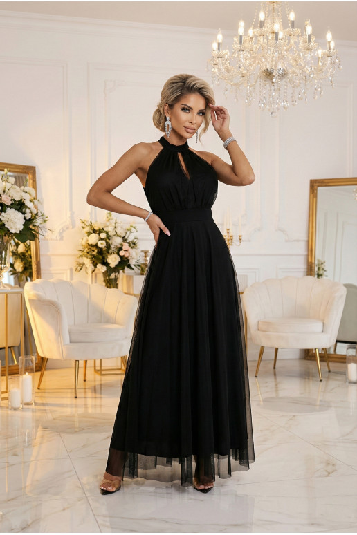 Elegantne õhtune maxi kleit tülli ja vööga - must