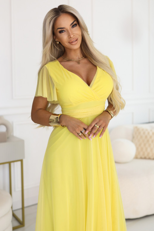 NASTIA pikk kleit sügava dekolteega, vööga ja lühikeste varrukatega - sidruni limoncello