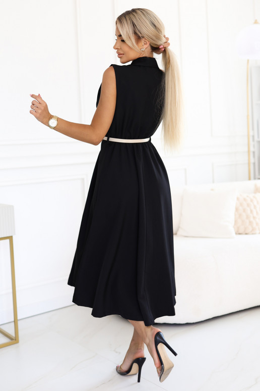 Elegantne midi šmizjerka kuldsete nööpidega ja vööga - must