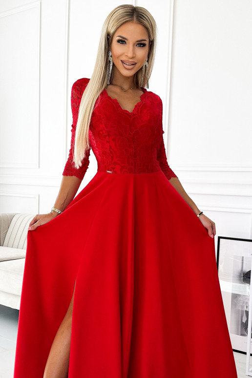 Punane pikk elegantne kleit pitsiga