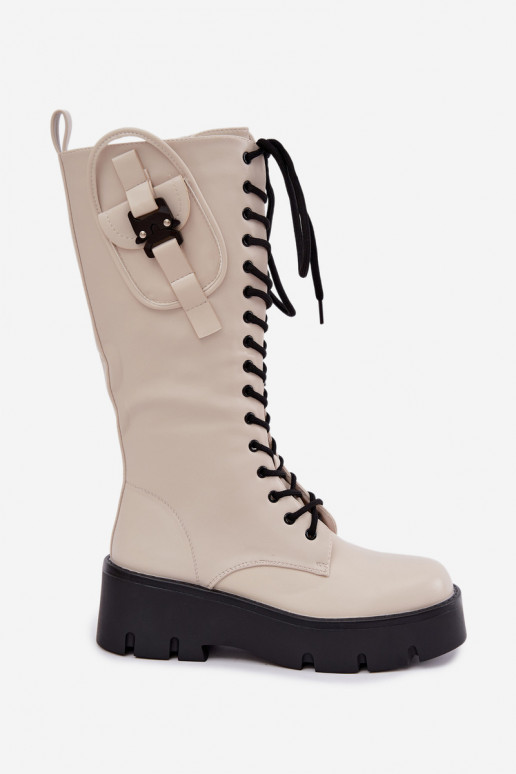 voodriga nööritavad naiste pika säärega saapad platvormiga beeži värvi Galvia