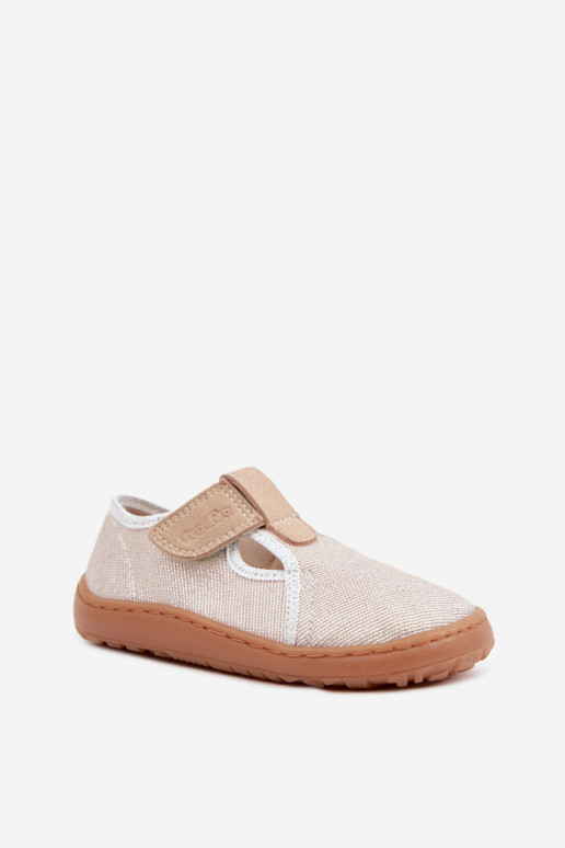 Plätud Laste jalanõud krõpsudega kinnitatav läikiv Barefoot Froddo Cannvas G1700439-3 Kuldset värvi