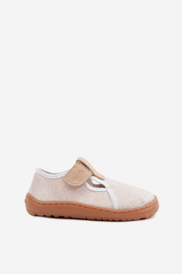 Plätud Laste jalanõud krõpsudega kinnitatav läikiv Barefoot Froddo Cannvas G1700439-3 Kuldset värvi 2