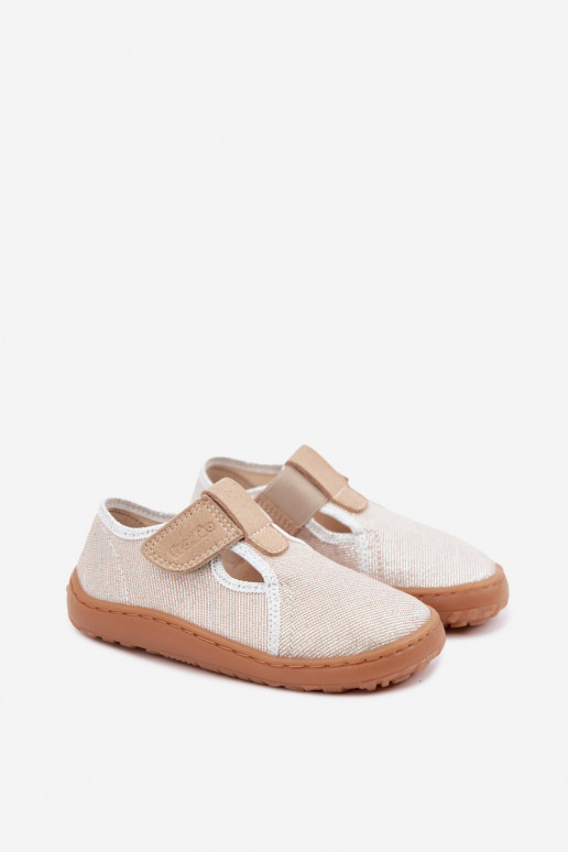 Plätud Laste jalanõud krõpsudega kinnitatav läikiv Barefoot Froddo Cannvas G1700439-3 Kuldset värvi