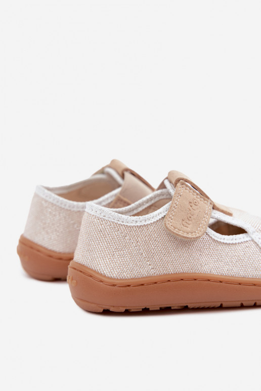 Plätud Laste jalanõud krõpsudega kinnitatav läikiv Barefoot Froddo Cannvas G1700439-3 Kuldset värvi