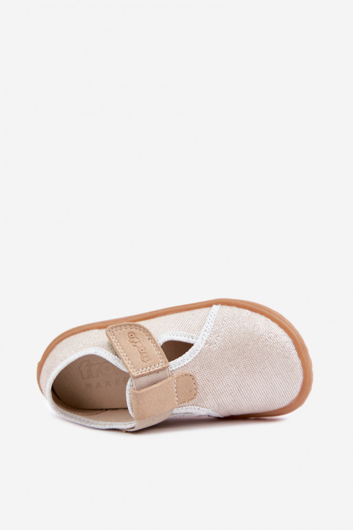 Plätud Laste jalanõud krõpsudega kinnitatav läikiv Barefoot Froddo Cannvas G1700439-3 Kuldset värvi