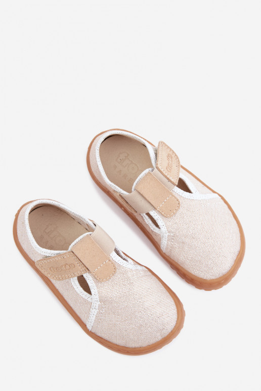 Plätud Laste jalanõud krõpsudega kinnitatav läikiv Barefoot Froddo Cannvas G1700439-3 Kuldset värvi