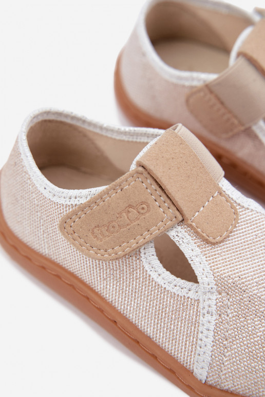 Plätud Laste jalanõud krõpsudega kinnitatav läikiv Barefoot Froddo Cannvas G1700439-3 Kuldset värvi