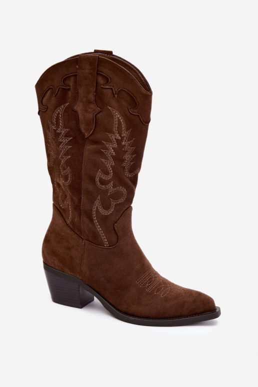 Knee-high cowboy-stiilis saapad kontsadega pruunist kunstsuede'ist Jarissa