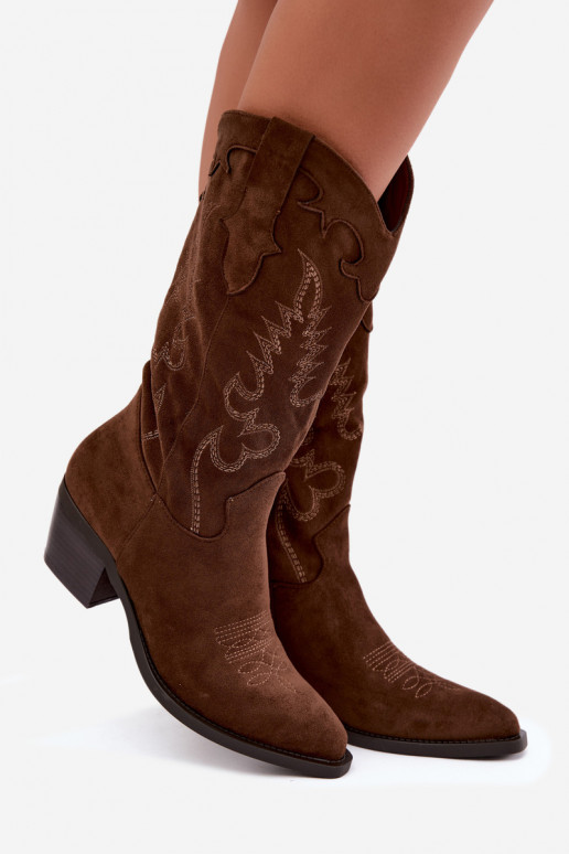 Knee-high cowboy-stiilis saapad kontsadega pruunist kunstsuede'ist Jarissa
