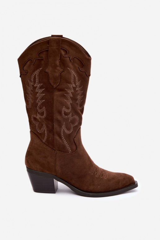 Knee-high cowboy-stiilis saapad kontsadega pruunist kunstsuede'ist Jarissa