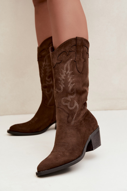 Knee-high cowboy-stiilis saapad kontsadega pruunist kunstsuede'ist Jarissa