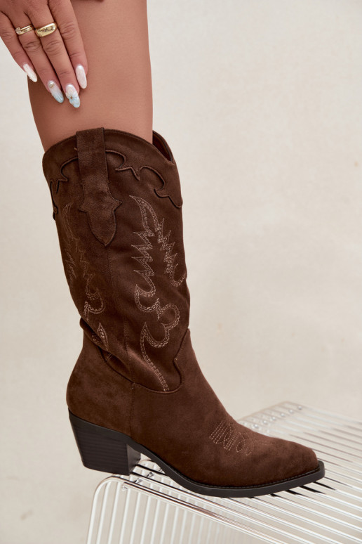 Knee-high cowboy-stiilis saapad kontsadega pruunist kunstsuede'ist Jarissa