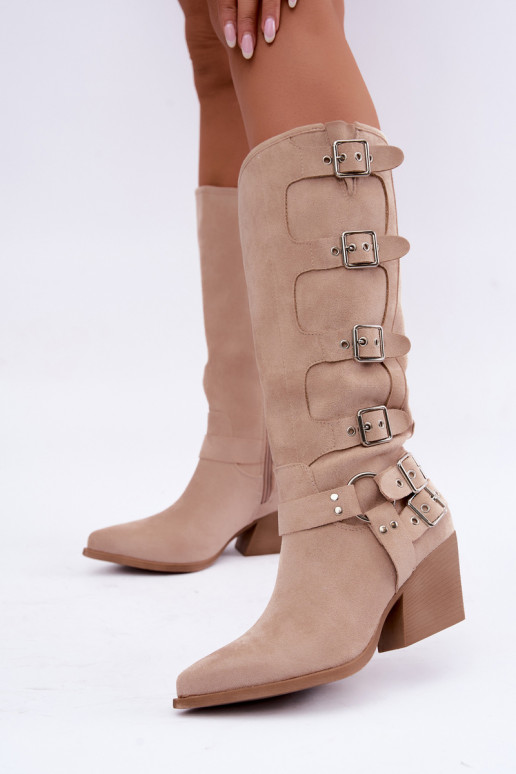 pika säärega saapad  kõrge jämeda kontsaga neetide ja pandlaga Elevandiluu värvi Fivelle